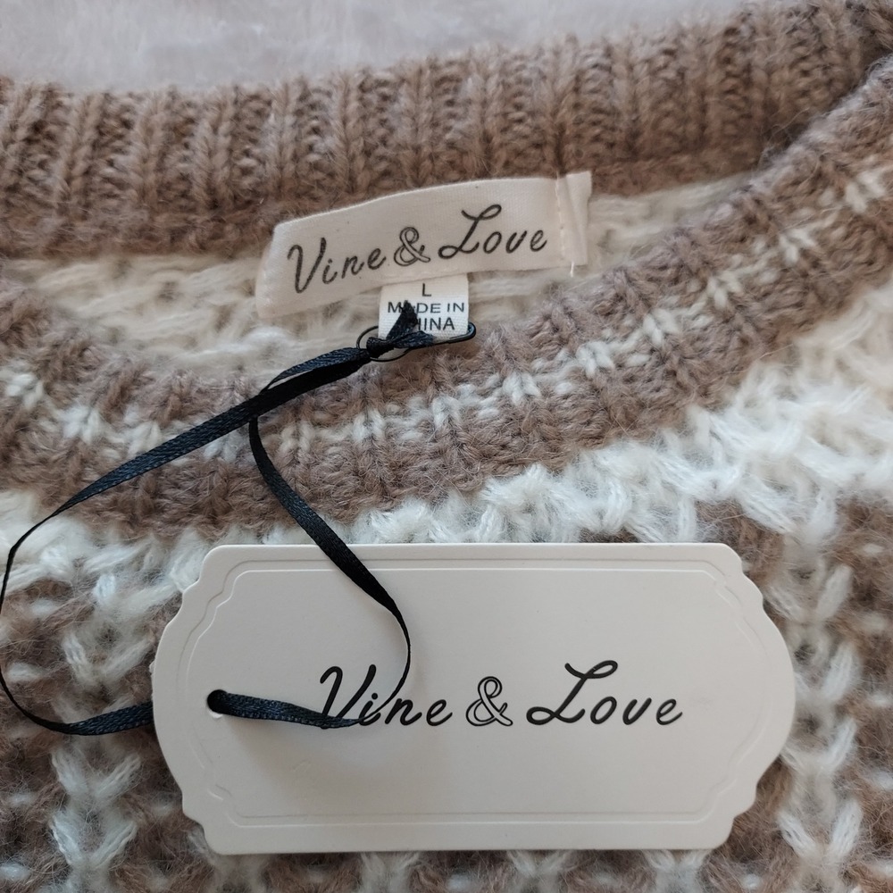 Vine & Love Womens L Striped Chunky Knit Sweater Cream Tan Cabincore Hygge Cozy - Picture 6 of 8